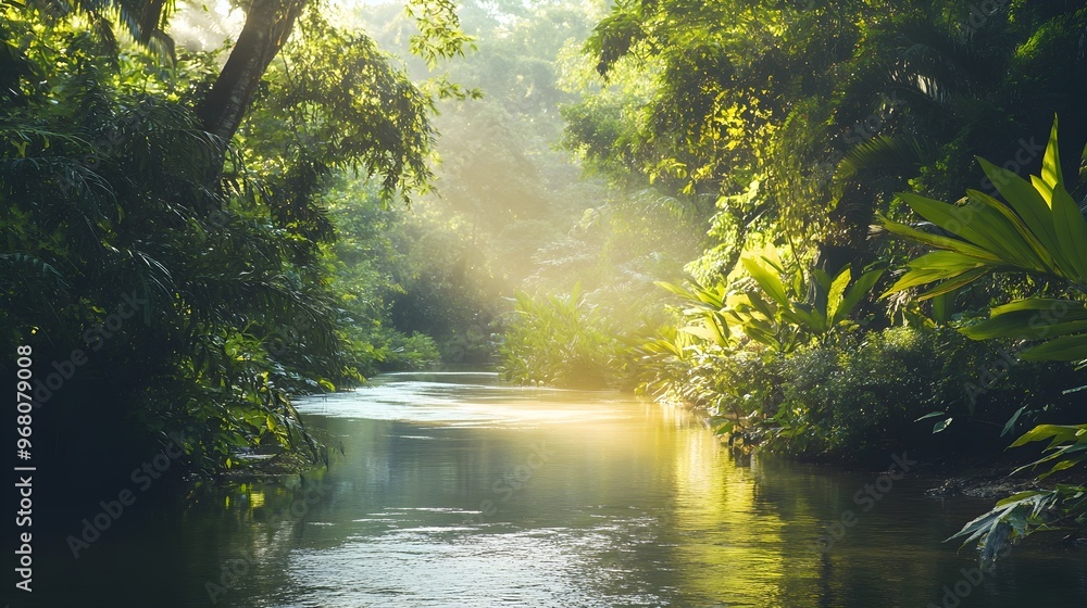 Fototapeta premium A tranquil forest river winding through lush greenery, with soft sunlight filtering through the trees