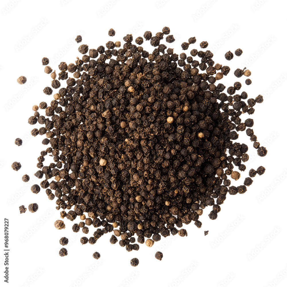 A close-up shot of a pile of black peppercorns. A close-up shot of a pile of black peppercorns.