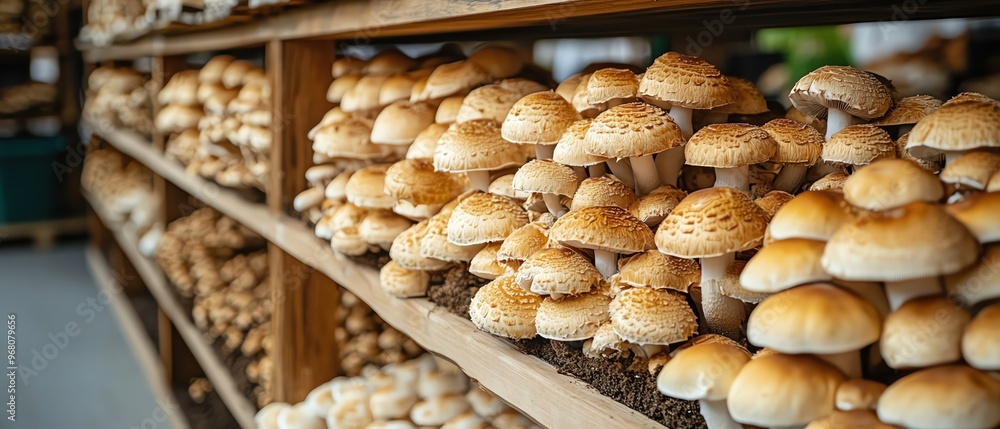 Rows of mushrooms growing in wooden shelves, earthy tones, indoor cultivation Rows of mushrooms growing in wooden shelves, earthy tones, indoor cultivation