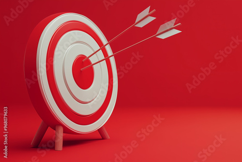 Arrow hit aim center business marketing strategy target celebrating success, 3d red and white render copy space banner.