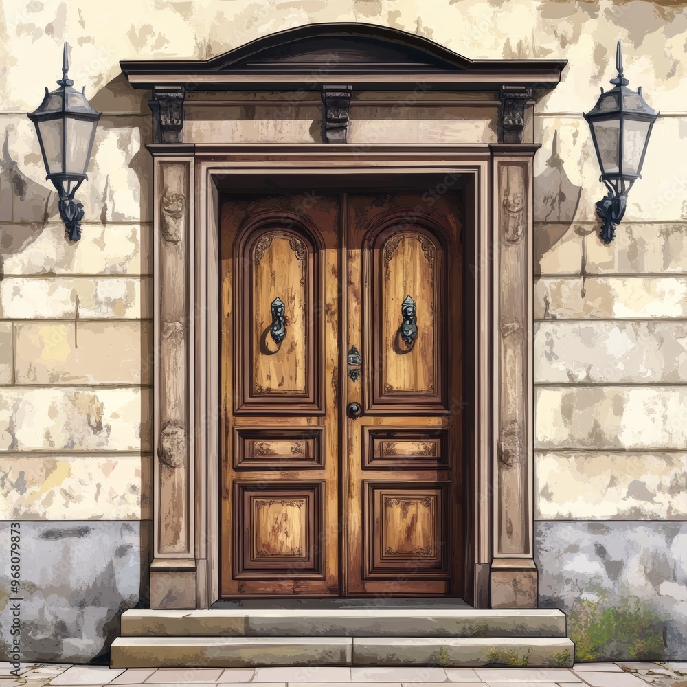 A grand wooden door with ornate details and iron door knockers. A grand wooden door with ornate details and iron door knockers.