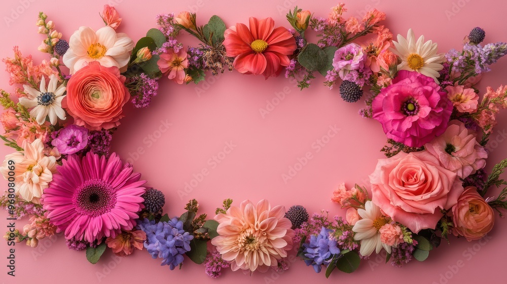 Fototapeta premium enchanting flower crown with diverse blooms, framing a postcard design with radiant beauty and charm