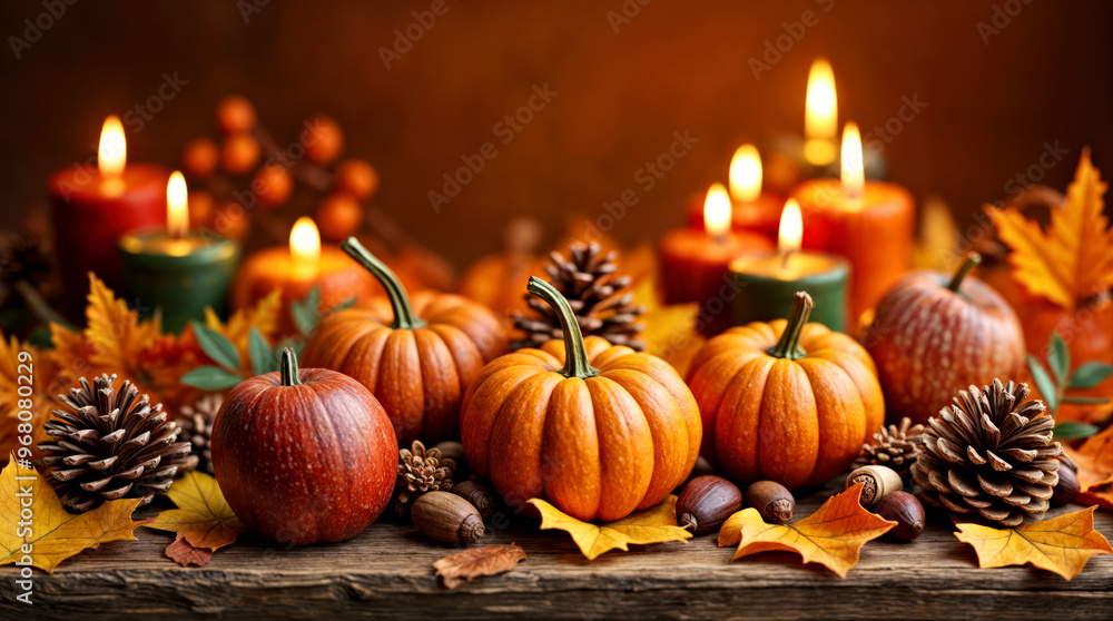 Fall Harvest Display with Pumpkins, Pine cones, berries and Autumn Leaves Against a Rustic Background.Home decor for fall holidays Halloween or Thanksgiving Fall Harvest Display with Pumpkins, Pine cones, berries and Autumn Leaves Against a Rustic Background.Home decor for fall holidays Halloween or Thanksgiving