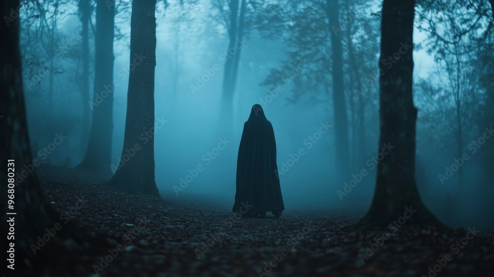 Mysterious Figure Walking Through Foggy Forest Mysterious Figure Walking Through Foggy Forest