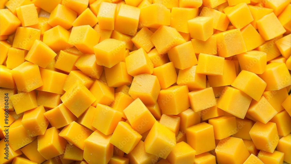 Diced mango texture background close-up of yellow fruit cubes Diced mango texture background close-up of yellow fruit cubes