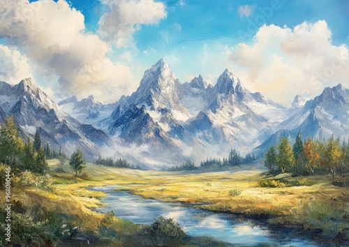 Stunning panoramic oil painting of majestic mountains in a beautiful natural landscape