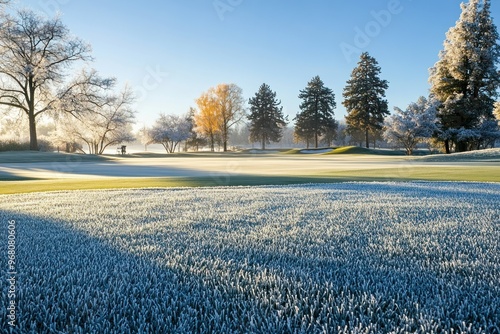 Frosted Grass and Trees on a Golf Course at Dawn