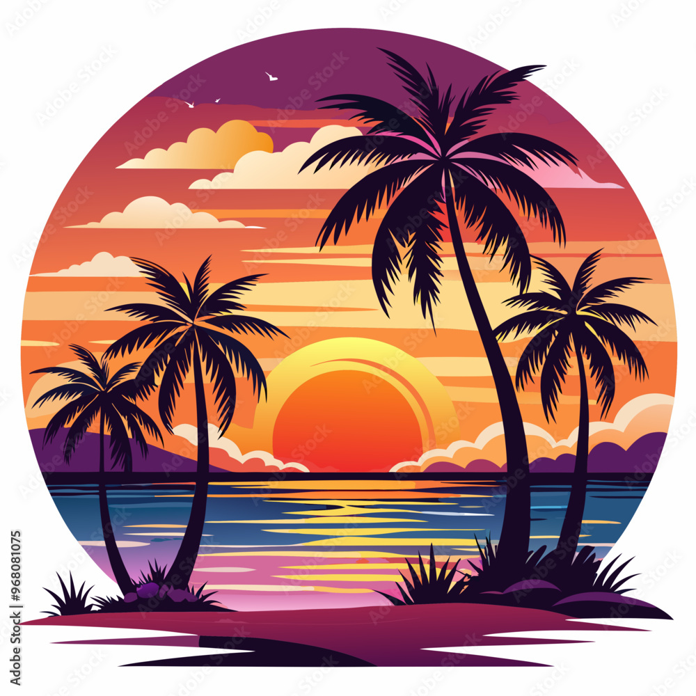 Obraz premium Sunset with palm trees isolated on white background