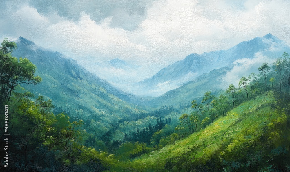 Fototapeta premium Oil painting depicting a mountain landscape with lush greenery and serene nature scenes