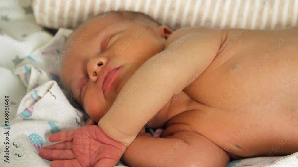 Close-up of a newborn baby sleeping peacefully. The infant is undressed, with folded arms and a relaxed expression emphasising the innocence and serenity of early life. The skin is slightly yellow Close-up of a newborn baby sleeping peacefully. The infant is undressed, with folded arms and a relaxed expression emphasising the innocence and serenity of early life. The skin is slightly yellow