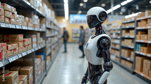 Robot working in warehouse aisle with shelves of boxes