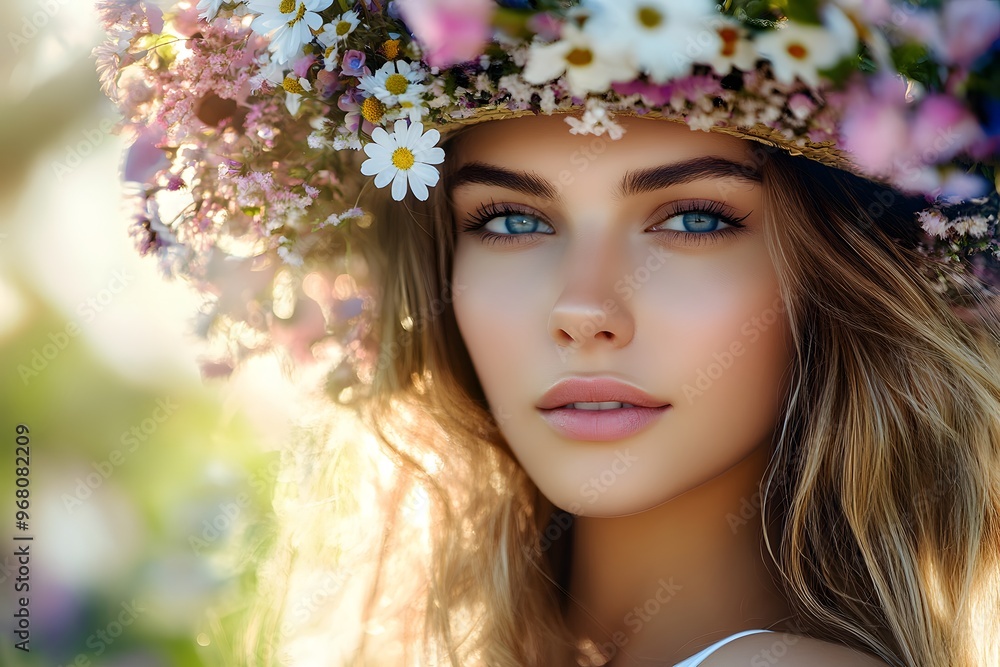 portrait of beautiful woman with hat made of colorful flowers portrait of beautiful woman with hat made of colorful flowers