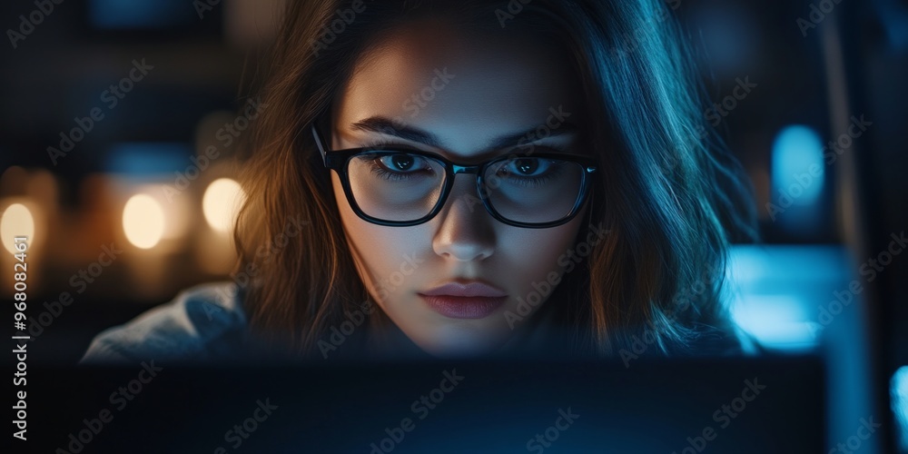 A focused young woman with glasses works intently on her laptop in a dimly lit room. The atmosphere is calm yet productive. This image captures modern digital engagement. AI A focused young woman with glasses works intently on her laptop in a dimly lit room. The atmosphere is calm yet productive. This image captures modern digital engagement. AI