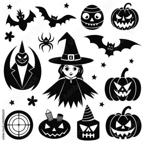 halloween set. pumpkin, skull, broom, headstone, spider, cobweb, crows, dead man's hand, witch hat, cauldron, bats. silhouette graphics. vector