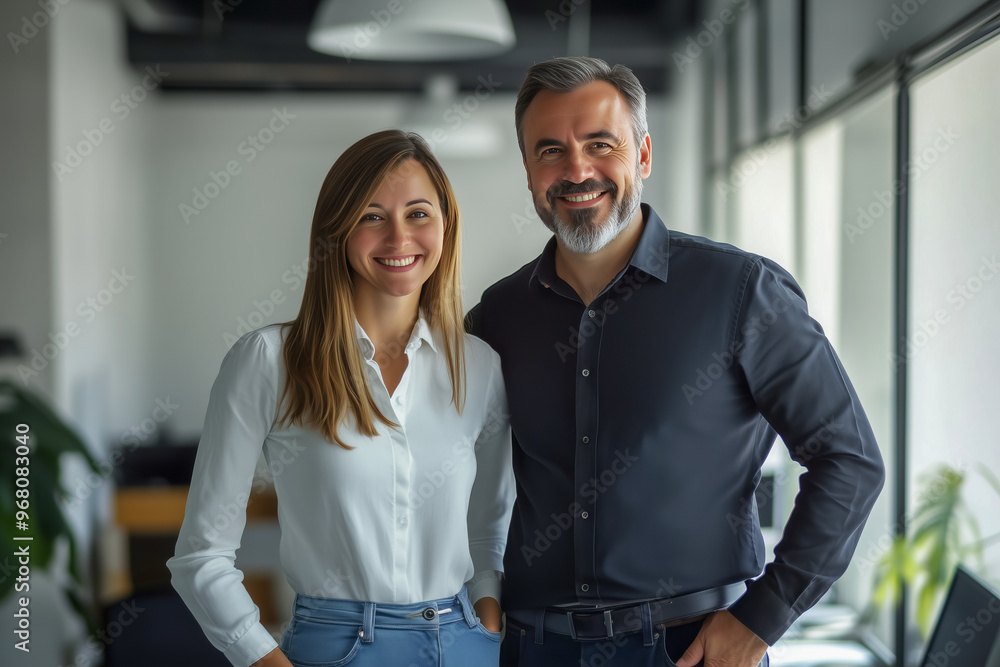 Editorial photography. A middle-aged man in business attire and his blonde daughter standing side by side. Editorial photography. A middle-aged man in business attire and his blonde daughter standing side by side.