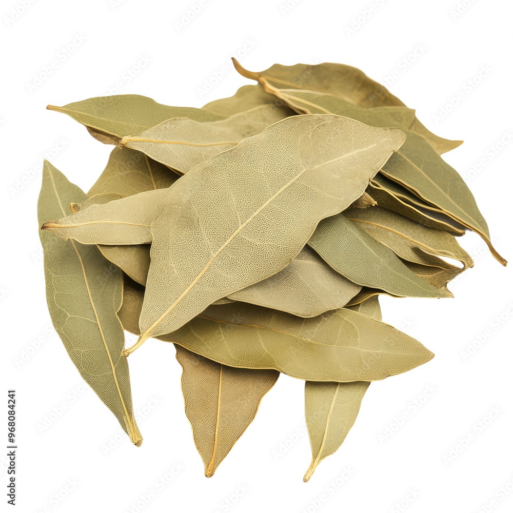 Dried bay leaves, a common culinary herb, arranged in a pile. Dried bay leaves, a common culinary herb, arranged in a pile.