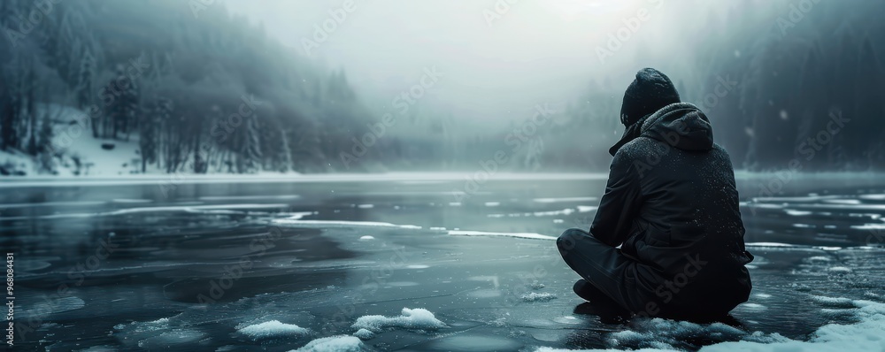 Obraz premium Solitary figure sitting in a snowy, barren landscape, evoking feelings of solitude, introspection, and cold. Free copy space for text.