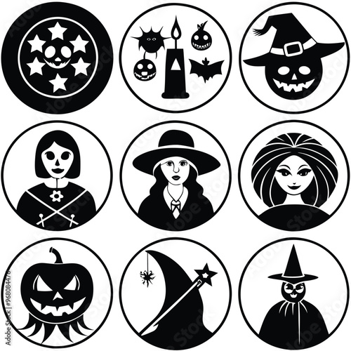 halloween set. pumpkin, skull, broom, headstone, spider, cobweb, crows, dead man's hand, witch hat, cauldron, bats. silhouette graphics. vector
