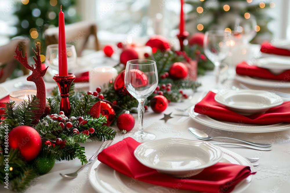 Festive Christmas Dinner Table Setting with Red Accents and Candlelight, Featuring Elegant Decorations and a Cozy Holiday Ambiance Festive Christmas Dinner Table Setting with Red Accents and Candlelight, Featuring Elegant Decorations and a Cozy Holiday Ambiance