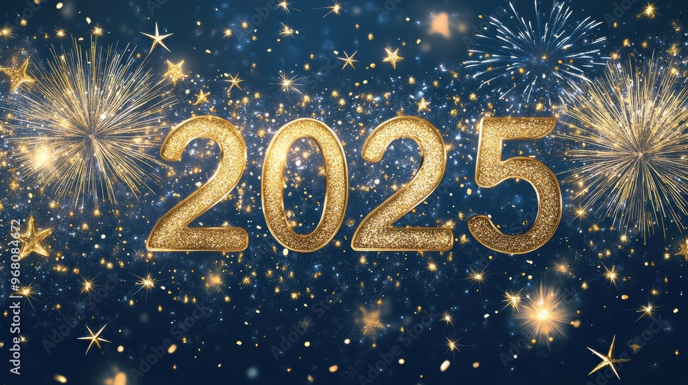 A dazzling banner showcases the year 2025 in shiny gold, surrounded by sparkling stars and colorful fireworks for New Year's festivities A dazzling banner showcases the year 2025 in shiny gold, surrounded by sparkling stars and colorful fireworks for New Year's festivities