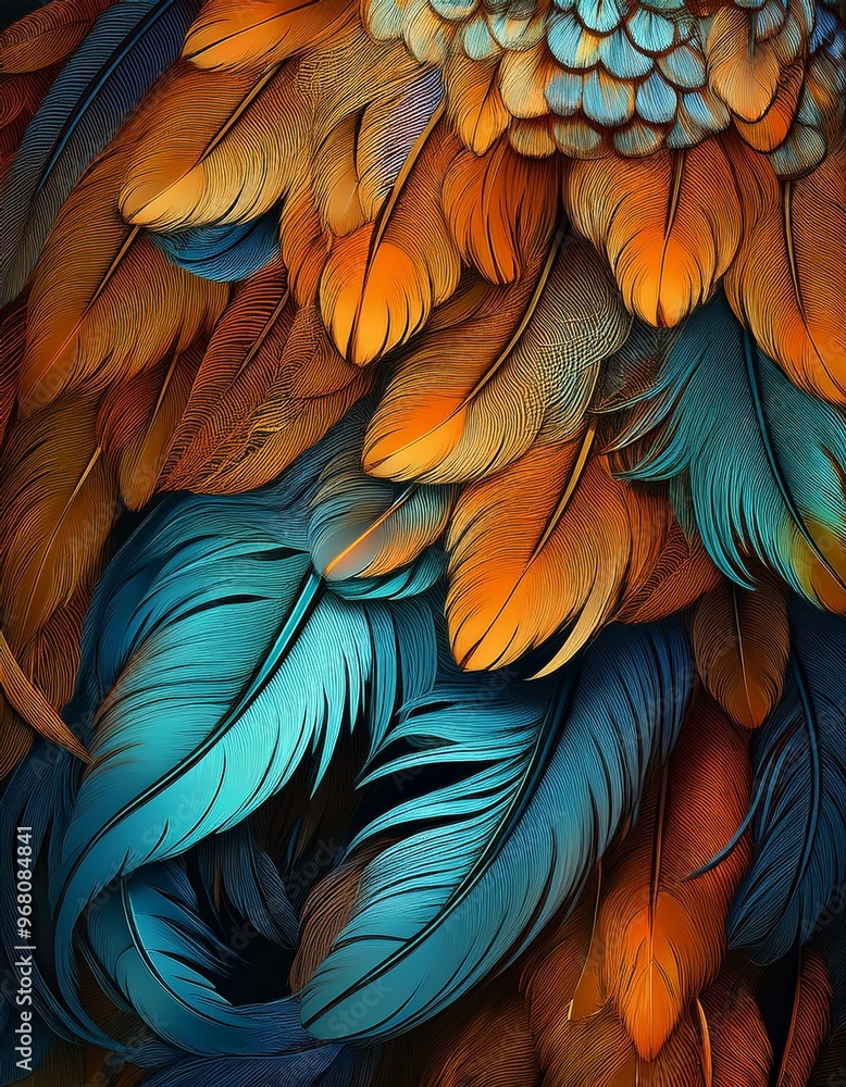 Obraz premium Illustrated close-up portrait of colorful owl feathers with beautiful patterns and textures