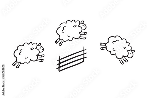 Doodle line cute sheep jumping over fence. Good night sleep poster. Counting sheep to fall asleep. 