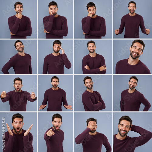 Принти на полотні Man, portrait and studio montage with confidence, expressions and unique different faces