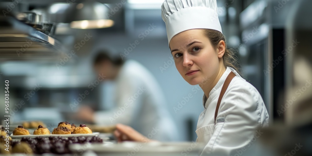 A focused female chef wearing a traditional white chef hat. She is preparing delicious pastries in a vibrant kitchen. The scene captures her dedication and passion for culinary art. AI A focused female chef wearing a traditional white chef hat. She is preparing delicious pastries in a vibrant kitchen. The scene captures her dedication and passion for culinary art. AI
