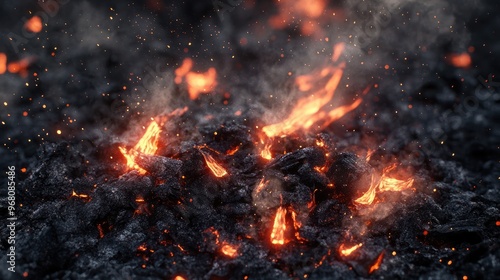 Close-up of smoldering embers and ash after a wildfire, with smoke and fire in the background. photo