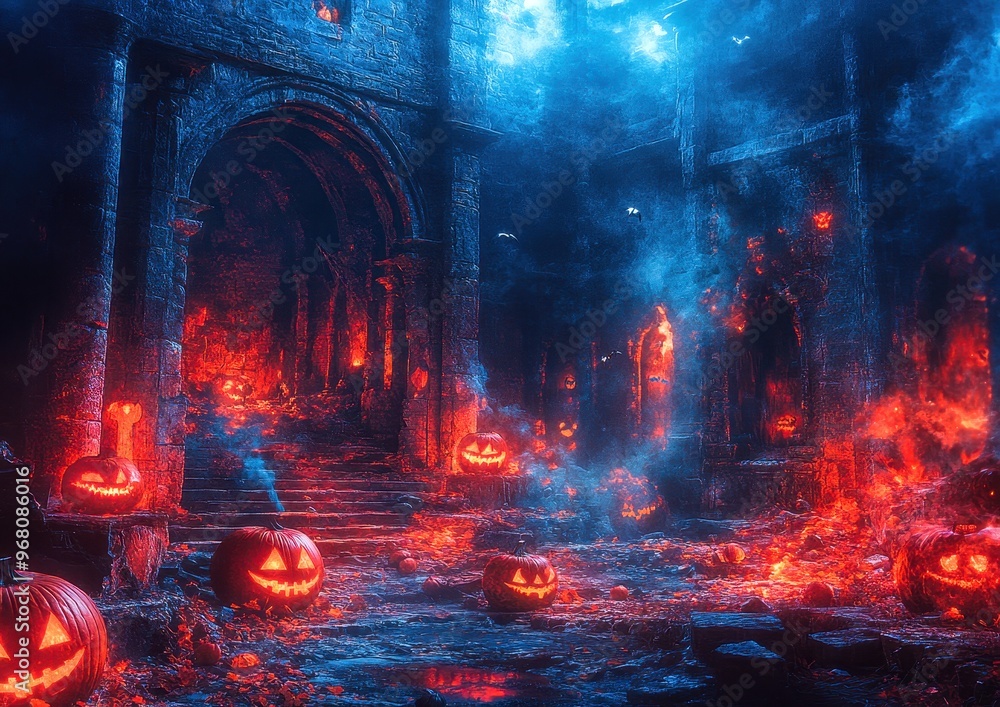 Fototapeta premium Halloween pumpkin illuminating a spooky gothic cathedral