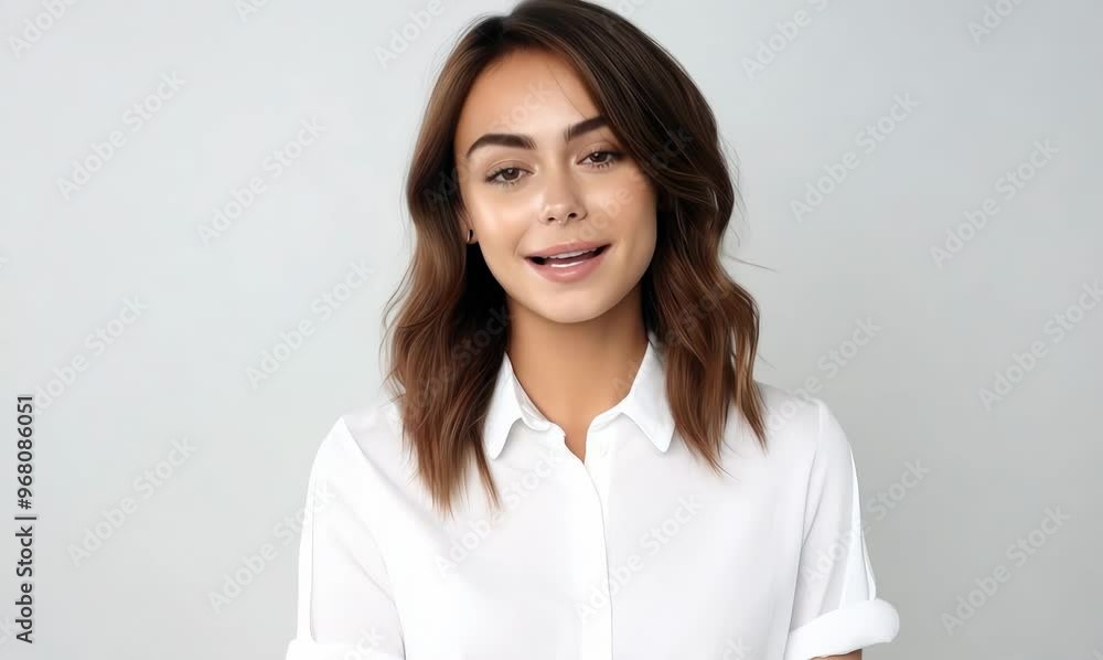 Portrait of beautiful young woman smiling at camera over white background. Portrait of beautiful young woman smiling at camera over white background.