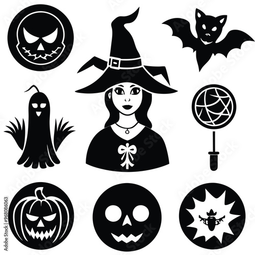 halloween set. pumpkin, skull, broom, headstone, spider, cobweb, crows, dead man's hand, witch hat, cauldron, bats. silhouette graphics. vector