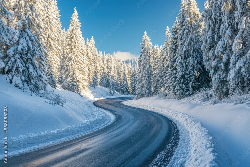 Winding Road Through Snow-Covered Pine Forest Winding Road Through Snow-Covered Pine Forest