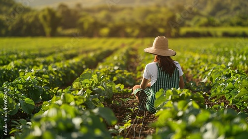 Female farmer examining crops in a vibrant green field, copy space  photo