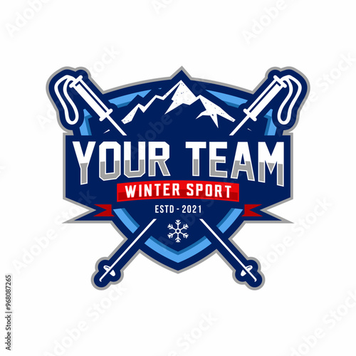 Ski Sports Logo Template Vector. Winter mountain skiing badge.
