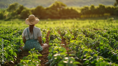 Female farmer examining crops in a vibrant green field, copy space  photo