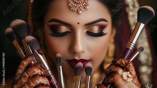 Bridal makeup, wedding makeup, Indian bride holding makeup brushes, closeup