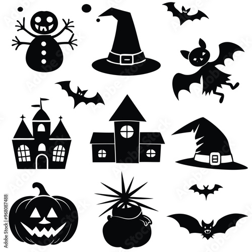 halloween set. pumpkin, skull, broom, headstone, spider, cobweb, crows, dead man's hand, witch hat, cauldron, bats. silhouette graphics. vector