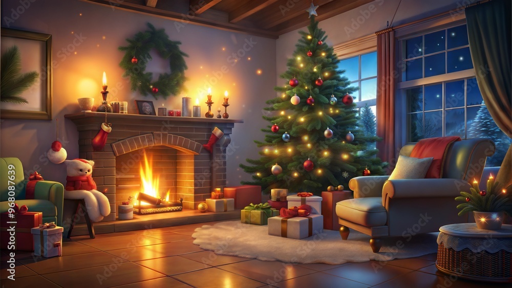 Cozy Christmas living room with a decorated tree and fireplace, gifts, and festive ambiance Cozy Christmas living room with a decorated tree and fireplace, gifts, and festive ambiance