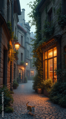 Abenddämmerung in einer alten Gasse mit Katze
