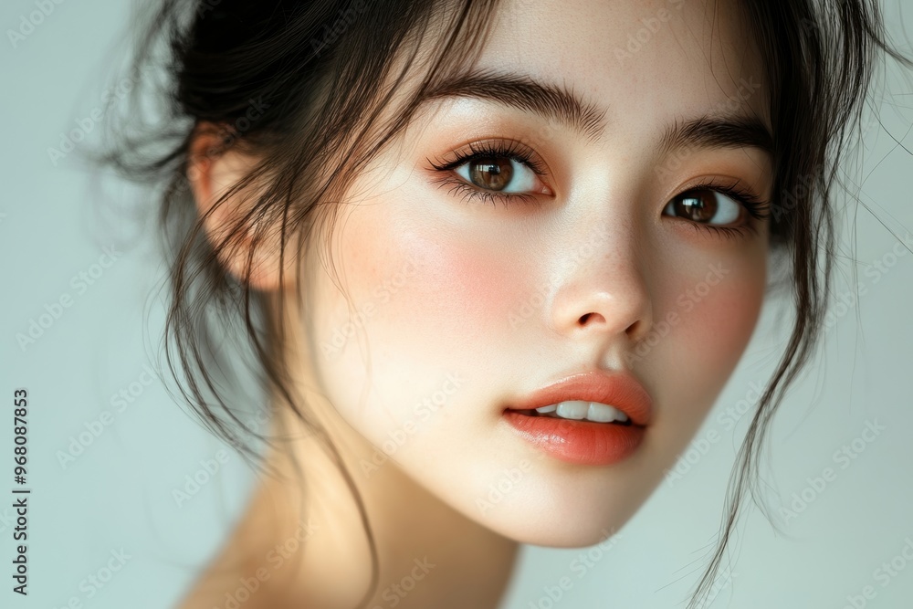 A close-up portrait of a young woman with captivating eyes and soft makeup, exuding a natural beauty and gentle charm A close-up portrait of a young woman with captivating eyes and soft makeup, exuding a natural beauty and gentle charm