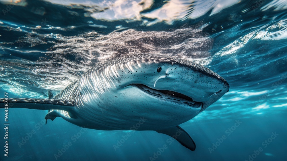 Fototapeta premium A majestic tiger shark gliding through crystal clear waters under a sunny sky