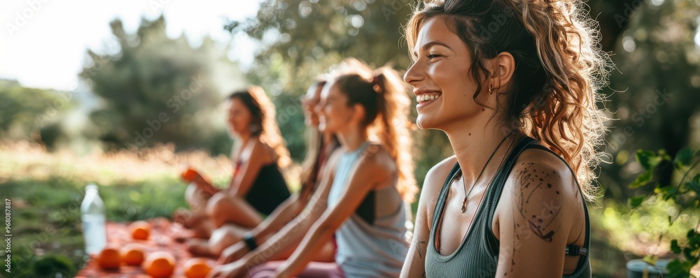 Fototapeta premium Four diverse women smiling and relaxing outdoors, enjoying friendship and fitness in a sunny park setting.