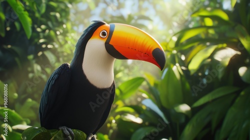 Colorful toucan perched amidst vibrant jungle foliage in a bright, sunny environment