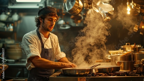 A chef skillfully prepares a dish in a bustling kitchen, surrounded by pots and steam, showcasing the art of cooking in a vibrant culinary environment