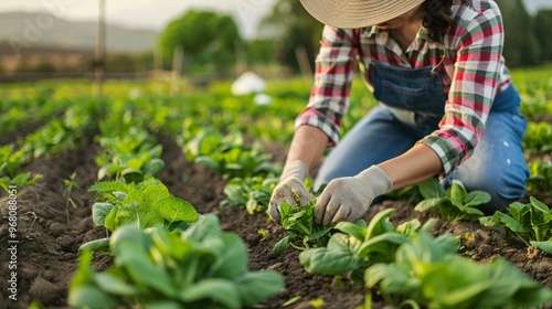 Female farmer examining crops in a vibrant green field, copy space  photo