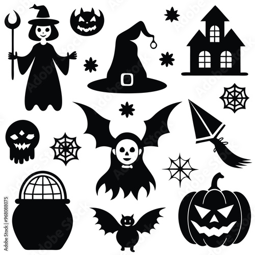 halloween set. pumpkin, skull, broom, headstone, spider, cobweb, crows, dead man's hand, witch hat, cauldron, bats. silhouette graphics. vector
