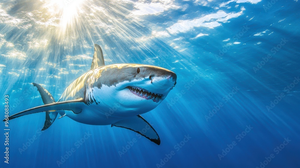 Fototapeta premium Great white shark swimming in clear ocean waters under bright, sunlit surface