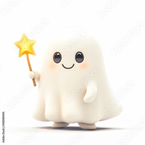 Cute ghost holding a magic wand and waving on white background