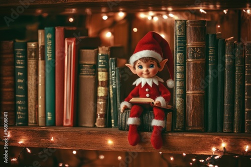 Christmas Elf Sitting on Bookshelf with Lights